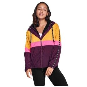 PINK Victoria’s Secret Colorblock Hooded Jacket Sherpa Lined M/L Maroon Yellow